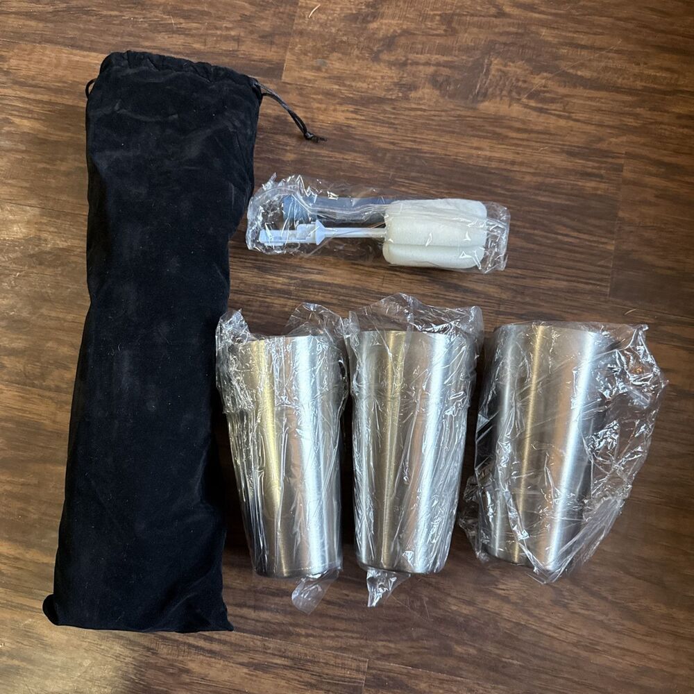Stainless Steel Cups Gift Set Of 3 Cleaning Tool Velvet Bag 18.6oz Insulated New